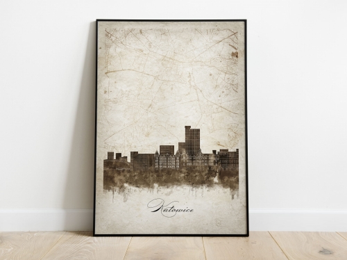 Plakat Skylines Katowice w stylu Vintage- Pionowy