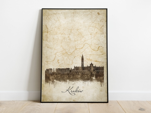 Plakat Skylines Kraków w stylu Vintage- Pionowy, Styl akwarelowy