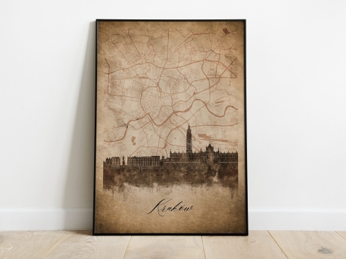 Plakat Skylines Kraków w stylu Vintage- Pionowy, Styl akwarelowy