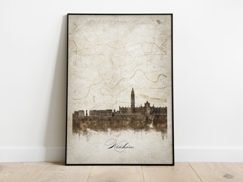 Plakat Skylines Kraków w stylu Vintage- Pionowy, Styl akwarelowy