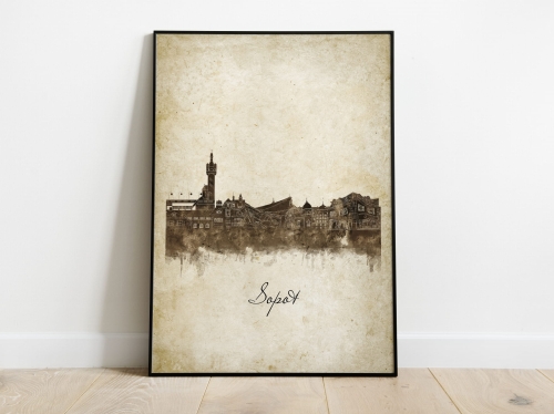 Plakat Skylines Sopot w stylu Vintage- Pionowy, Styl akwarelowy