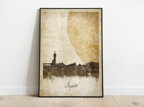 Plakat Skylines Sopot w stylu Vintage- Pionowy, Styl akwarelowy