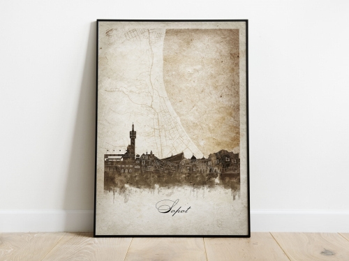 Plakat Skylines Sopot w stylu Vintage- Pionowy, Styl akwarelowy