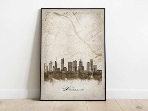 Plakat Skylines Warszawa w stylu Vintage- Pionowy, Styl akwarelowy