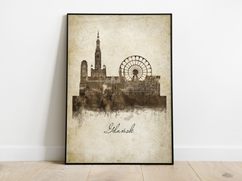 Plakat Skylines Gdańsk w stylu Vintage- Pionowy, Styl akwarelowy