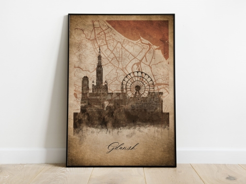 Plakat Skylines Gdańsk w stylu Vintage- Pionowy, Styl akwarelowy