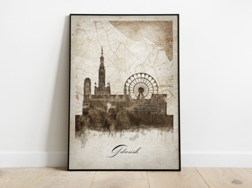 Plakat Skylines Gdańsk w stylu Vintage- Pionowy, Styl akwarelowy