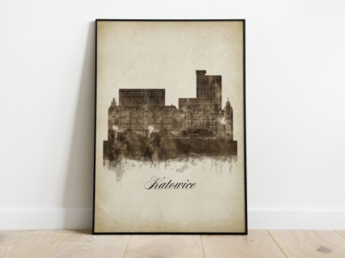 Plakat Skylines Katowice w stylu Vintage- Pionowy, Styl akwarelowy