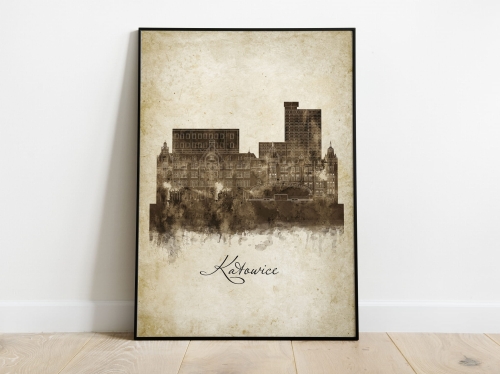 Plakat Skylines Katowice w stylu Vintage- Pionowy, Styl akwarelowy