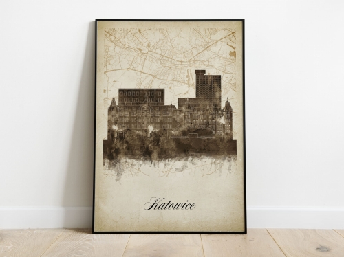 Plakat Skylines Katowice w stylu Vintage- Pionowy, Styl akwarelowy