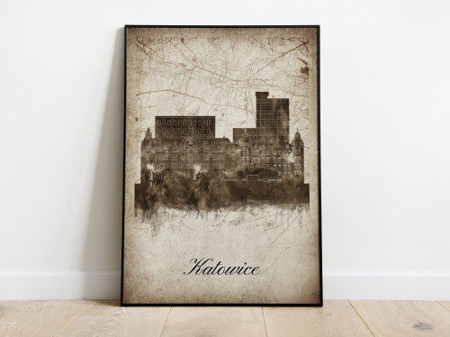 Plakat Skylines Katowice w stylu Vintage- Pionowy, Styl akwarelowy