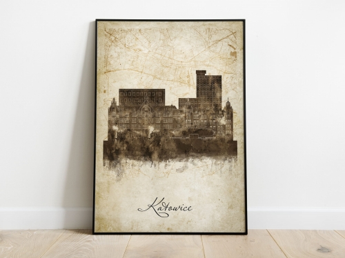 Plakat Skylines Katowice w stylu Vintage- Pionowy, Styl akwarelowy