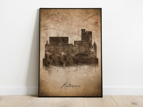 Plakat Skylines Katowice w stylu Vintage- Pionowy, Styl akwarelowy