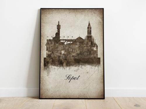 Plakat Skylines Sopot w stylu Vintage- Pionowy, Styl akwarelowy