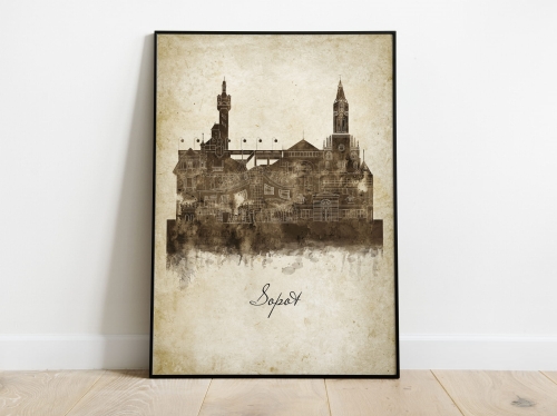 Plakat Skylines Sopot w stylu Vintage- Pionowy, Styl akwarelowy