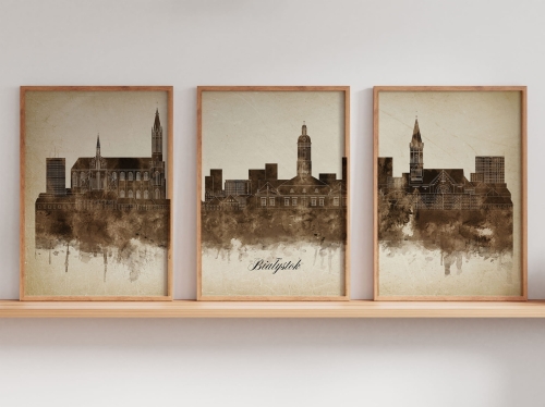 Tryptyk Skylines Białystok w stylu Vintage, Styl akwarelowy
