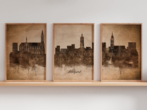 Tryptyk Skylines Białystok w stylu Vintage, Styl akwarelowy