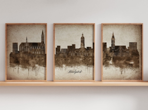 Tryptyk Skylines Białystok w stylu Vintage, Styl akwarelowy