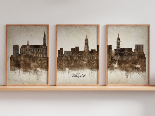 Tryptyk Skylines Białystok w stylu Vintage, Styl akwarelowy