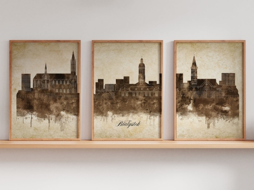 Tryptyk Skylines Białystok w stylu Vintage, Styl akwarelowy
