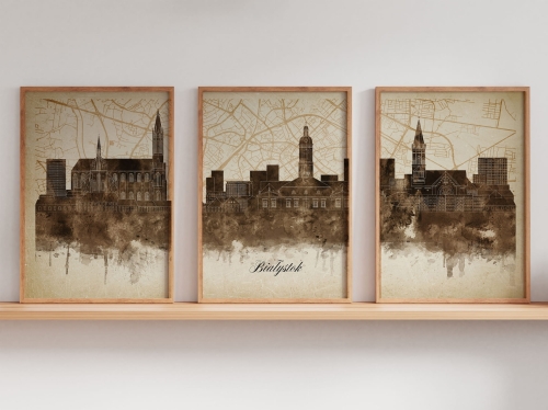 Tryptyk Skylines Białystok w stylu Vintage, Styl akwarelowy