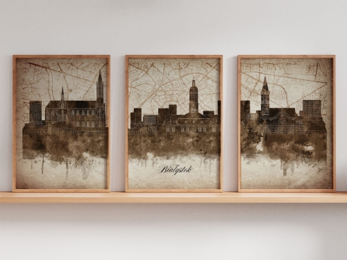 Tryptyk Skylines Białystok w stylu Vintage, Styl akwarelowy