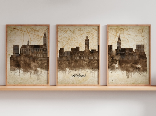 Tryptyk Skylines Białystok w stylu Vintage, Styl akwarelowy