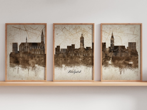 Tryptyk Skylines Białystok w stylu Vintage, Styl akwarelowy