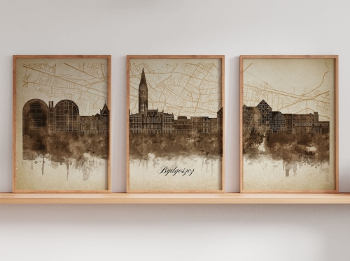 Tryptyk Skylines Bydgoszcz w stylu Vintage, Styl akwarelowy