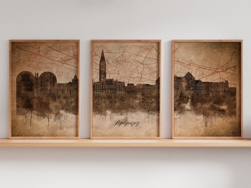 Tryptyk Skylines Bydgoszcz w stylu Vintage, Styl akwarelowy