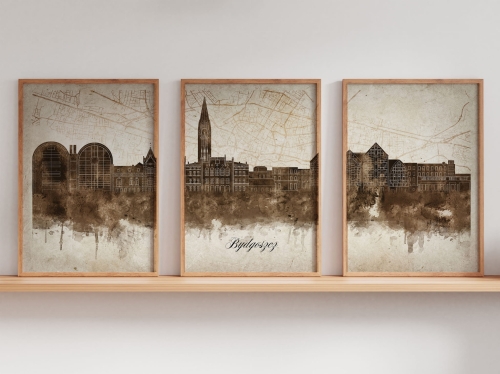 Tryptyk Skylines Bydgoszcz w stylu Vintage, Styl akwarelowy