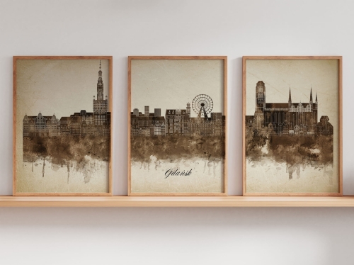 Tryptyk Skylines Gdańsk w stylu Vintage, Styl akwarelowy