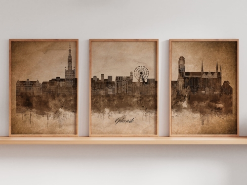Tryptyk Skylines Gdańsk w stylu Vintage, Styl akwarelowy