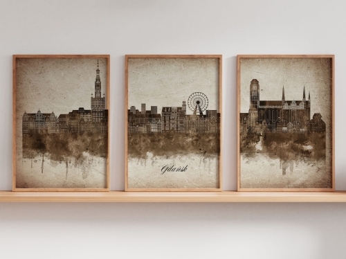 Tryptyk Skylines Gdańsk w stylu Vintage, Styl akwarelowy