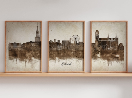 Tryptyk Skylines Gdańsk w stylu Vintage, Styl akwarelowy