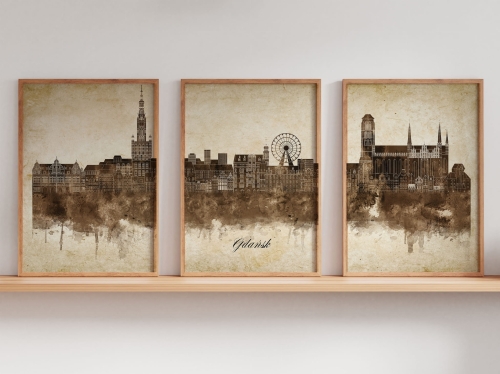 Tryptyk Skylines Gdańsk w stylu Vintage, Styl akwarelowy