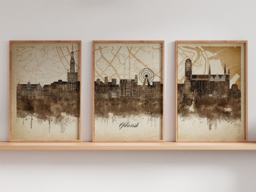 Tryptyk Skylines Gdańsk w stylu Vintage, Styl akwarelowy