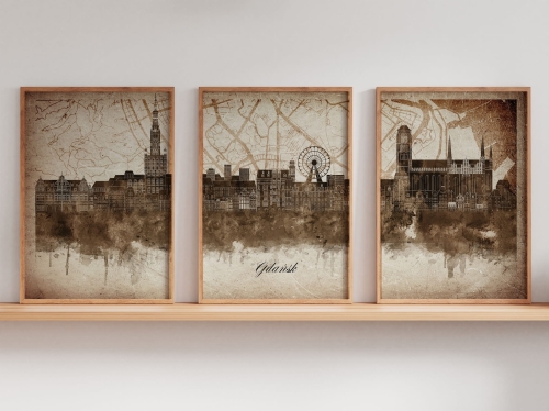 Tryptyk Skylines Gdańsk w stylu Vintage, Styl akwarelowy