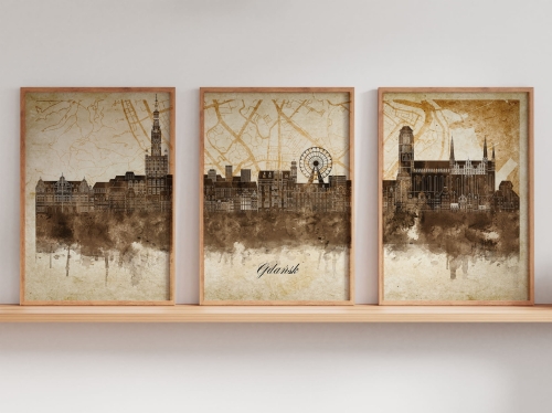 Tryptyk Skylines Gdańsk w stylu Vintage, Styl akwarelowy