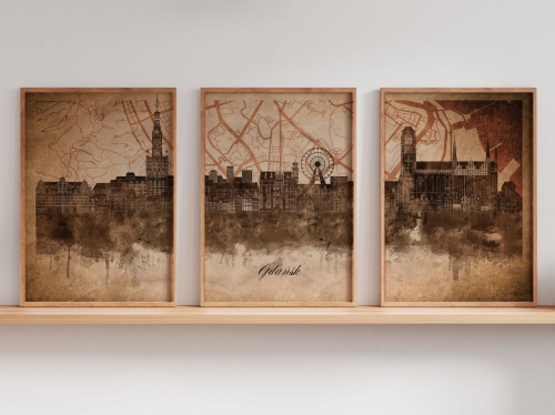 Tryptyk Skylines Gdańsk w stylu Vintage, Styl akwarelowy
