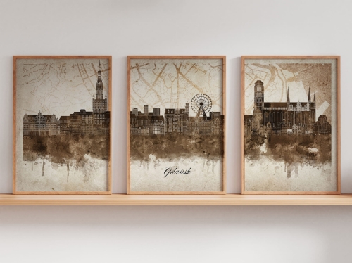 Tryptyk Skylines Gdańsk w stylu Vintage, Styl akwarelowy