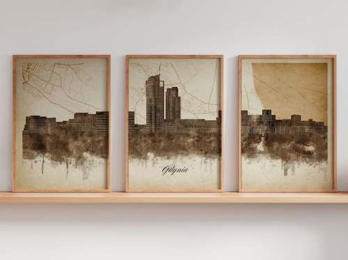 Tryptyk Skylines Gdynia w stylu Vintage, Styl akwarelowy