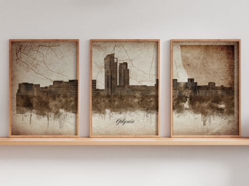 Tryptyk Skylines Gdynia w stylu Vintage, Styl akwarelowy