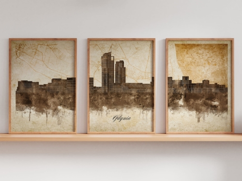 Tryptyk Skylines Gdynia w stylu Vintage, Styl akwarelowy