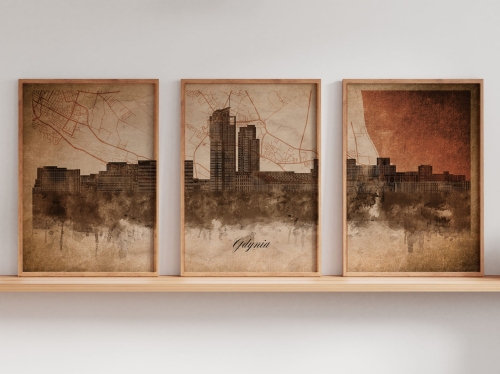 Tryptyk Skylines Gdynia w stylu Vintage, Styl akwarelowy