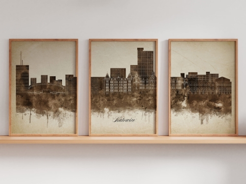 Tryptyk Skylines Katowice w stylu Vintage, Styl akwarelowy