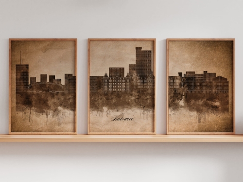 Tryptyk Skylines Katowice w stylu Vintage, Styl akwarelowy