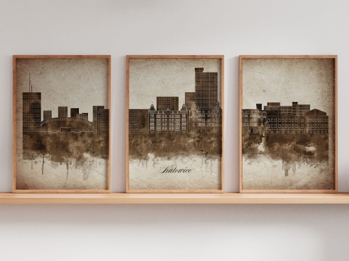 Tryptyk Skylines Katowice w stylu Vintage, Styl akwarelowy
