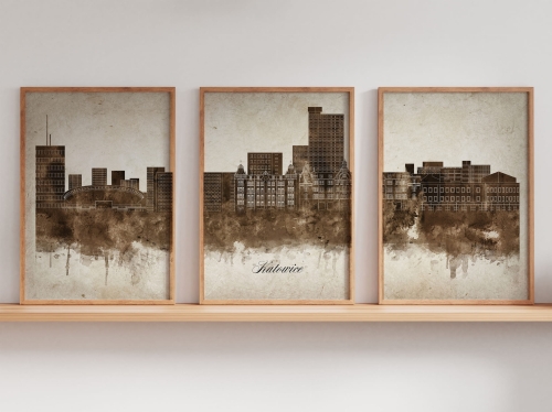 Tryptyk Skylines Katowice w stylu Vintage, Styl akwarelowy