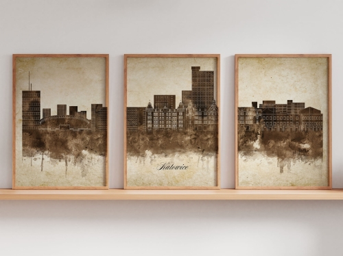 Tryptyk Skylines Katowice w stylu Vintage, Styl akwarelowy
